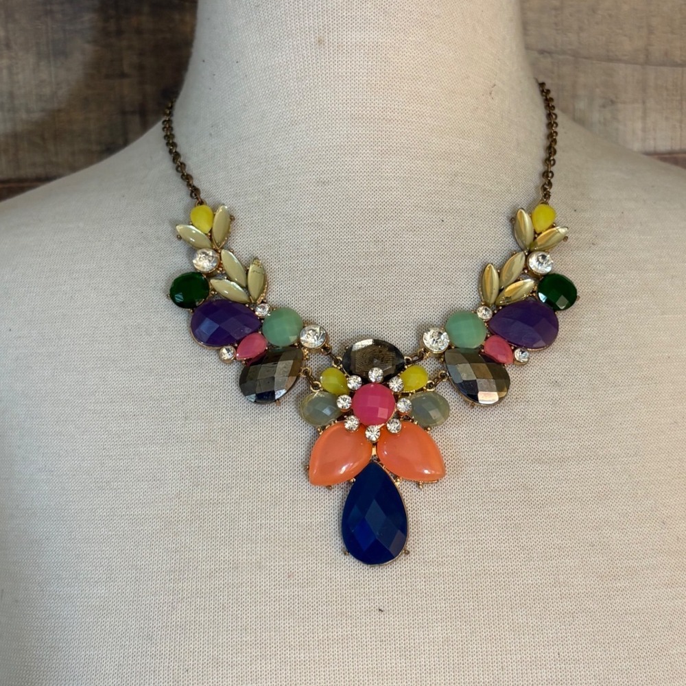 Multi Color Floral Bib Statement Necklace Bronze Tone Chain Adjustable